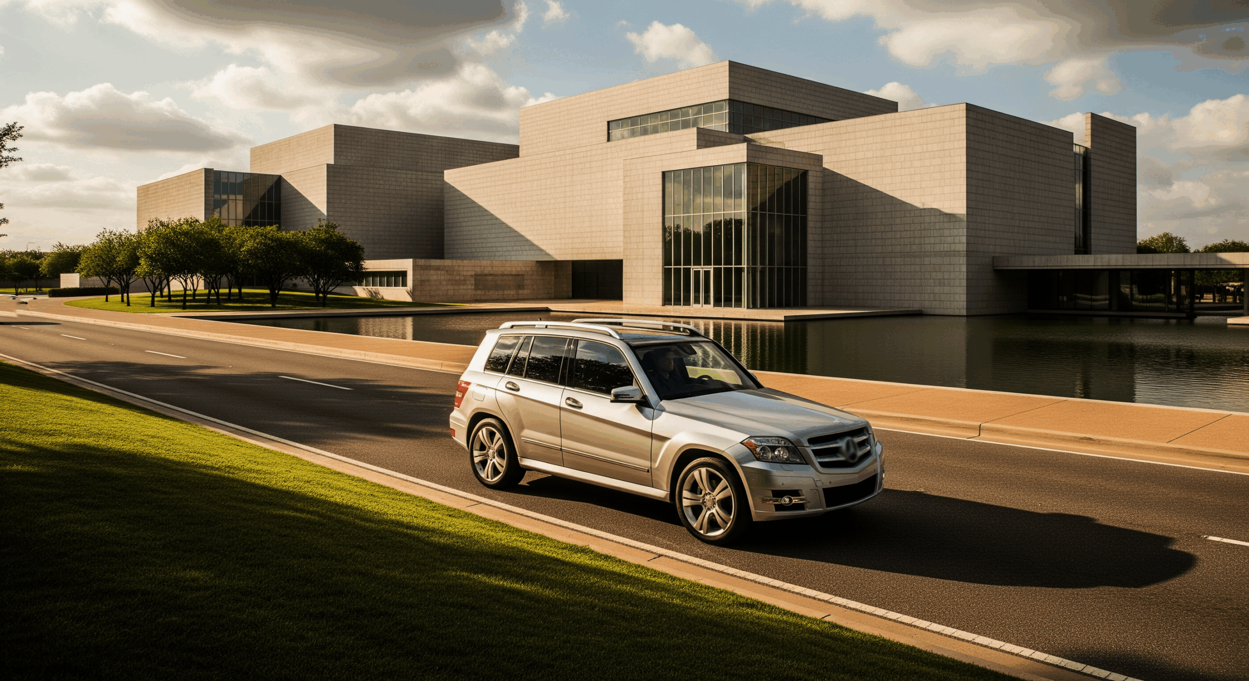 Silver SUV near modern building